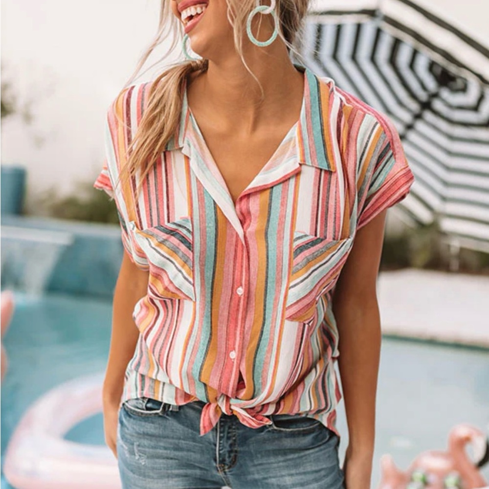 Impressions Colorful Striped Button Down Shirt
